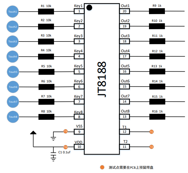 JT8188 是一款电容式深圳八按键触摸控制芯片