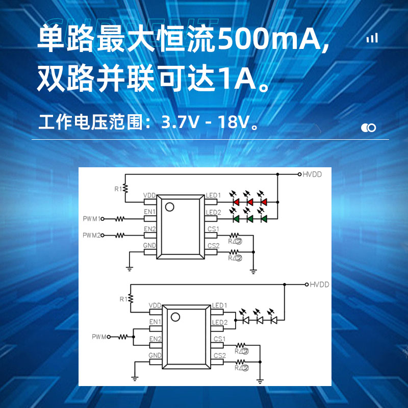 XR8141B深圳双通道LED驱动芯片，线性恒流驱动，每通道最大500mA驱动电流，并联使用最大可达1A