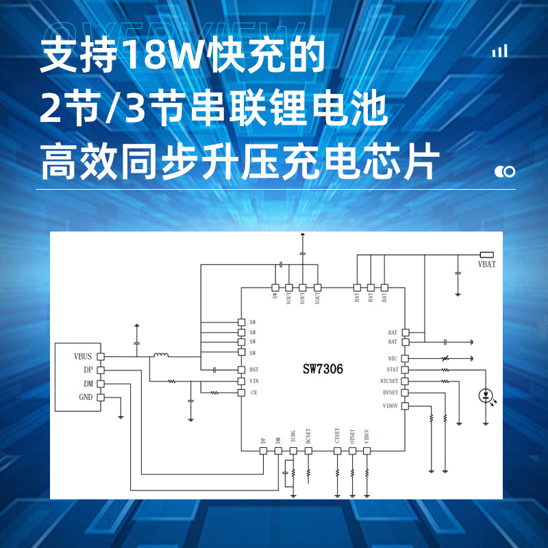 智融SW7306支持18W 快充的 2 节/3 节串联锂电池高效深圳同步升压充电芯片 